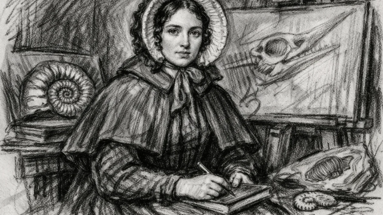 Portret Mary Anning u ugalj stilu, crno-bijeli prikaz s naglašenim kontrastom i izražajnim linijama
