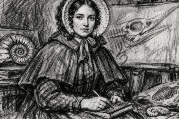 Portret Mary Anning u ugalj stilu, crno-bijeli prikaz s naglašenim kontrastom i izražajnim linijama