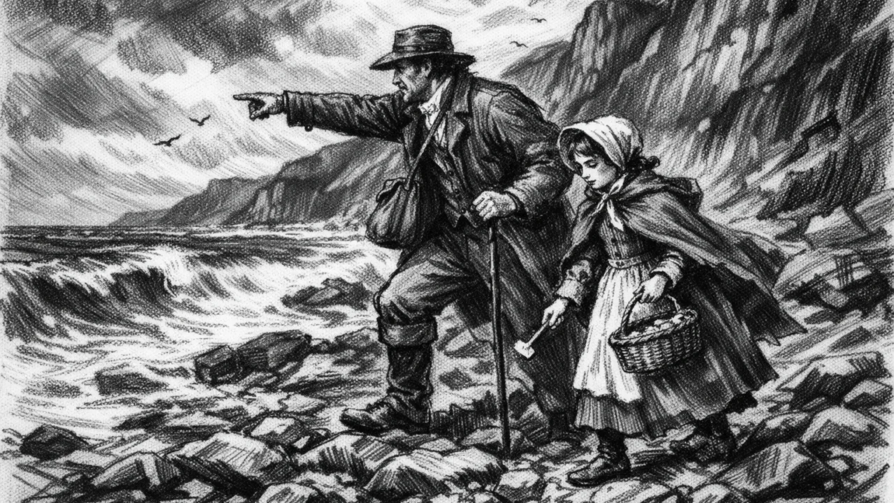 Mary Anning u djetinjstvu na obali Lyme Regisa kako traži fosile, prikazano u ugalj stilu