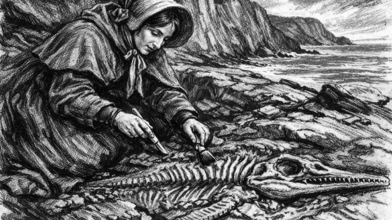Mary Anning stručno iskopava fosile uz obalne stijene, ilustracija u ugalj stilu