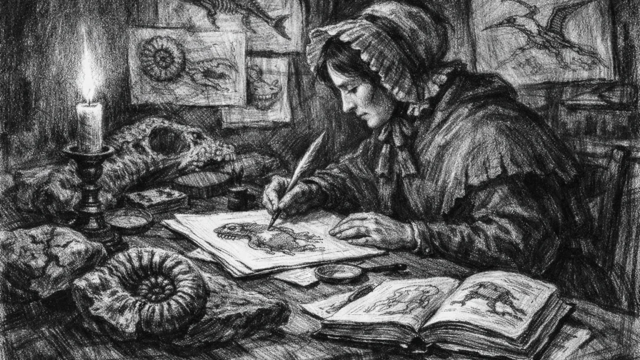 Mary Anning proučava i crta fosile u skromnoj sobi, umjetnički prikaz u ugalj stilu