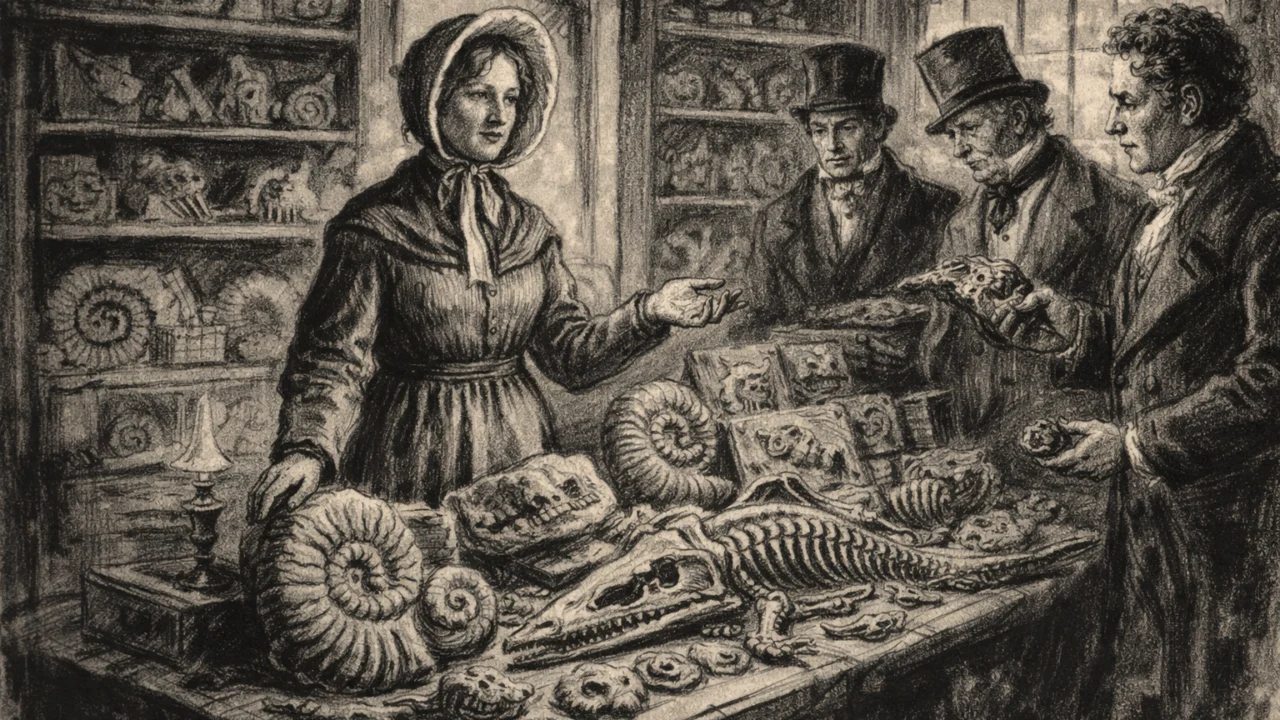 Mary Anning prodaje fosile kolekcionarima kako bi uzdržavala obitelj, scena u ugalj stilu