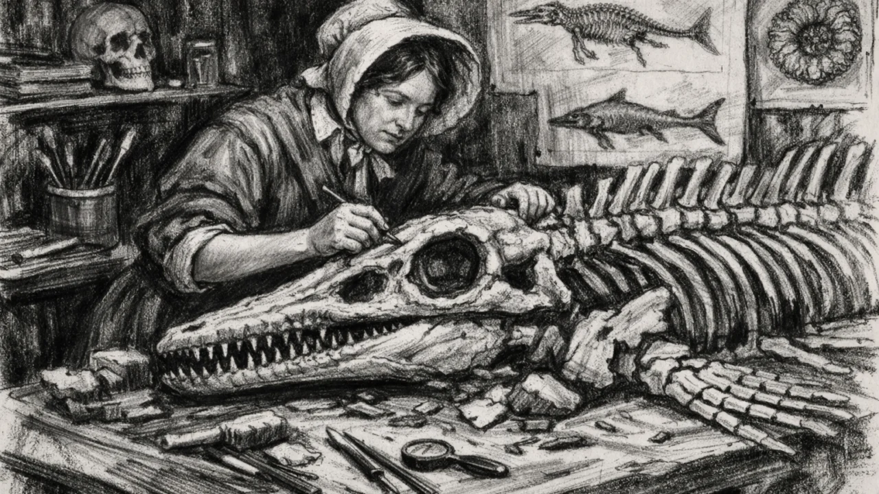 Mary Anning rekonstruira prapovijesni morski fosil, znanstvena scena prikazana u ugalj stilu