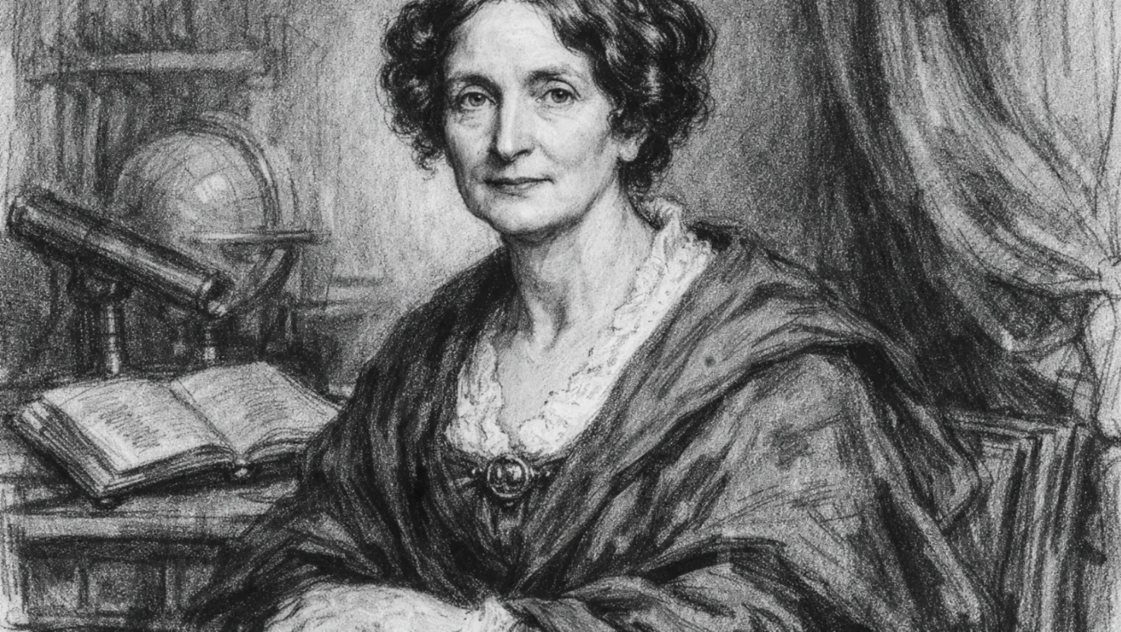 Portret Mary Somerville u ugljenom stilu, realističan i povijesno točan prikaz znanstvenice u 19. stoljeću, ugalj stil