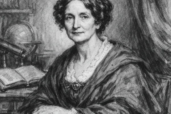 Portret Mary Somerville u ugljenom stilu, realističan i povijesno točan prikaz znanstvenice u 19. stoljeću, ugalj stil