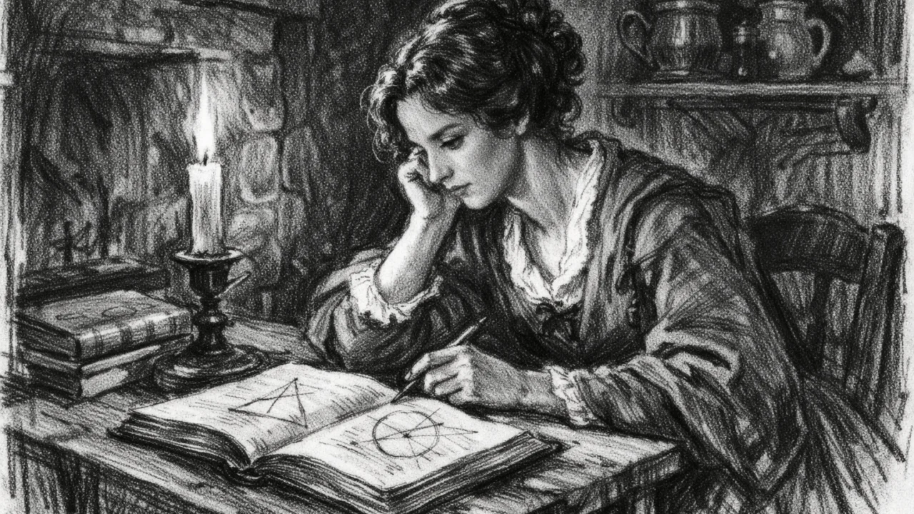 Mary Somerville u mladosti dok samostalno proučava matematiku, prikaz u ugljenom stilu, intimna edukativna scena, ugalj stil