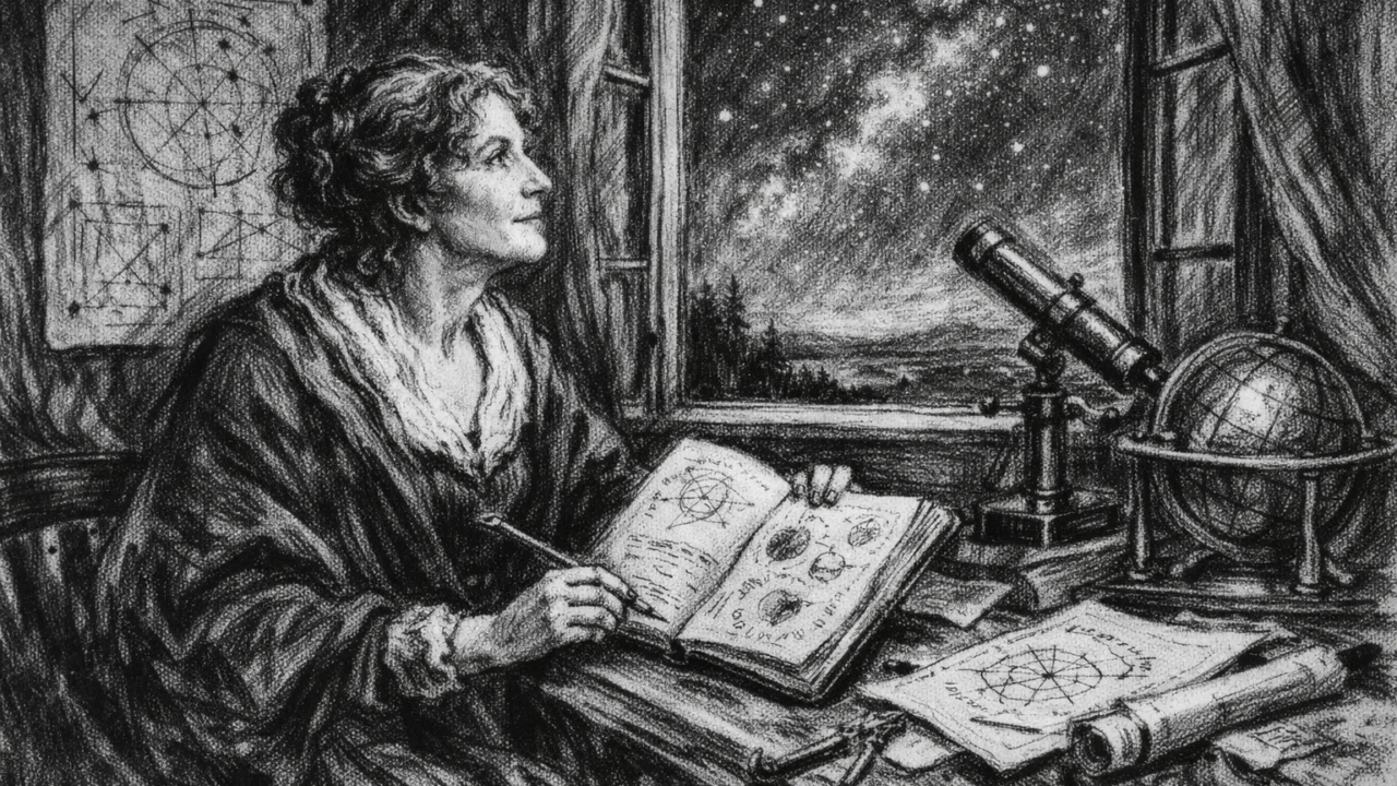 Mary Somerville kako proučava astronomiju i noćno nebo, znanstvena scena u ugljenom stilu, ugalj stil