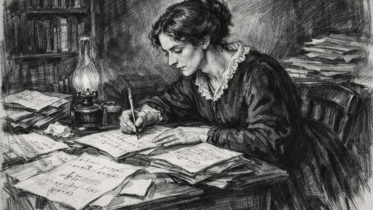 Mary Somerville u razdoblju samostalnog znanstvenog rada, emotivna i radna scena u ugljenom stilu, ugalj stil