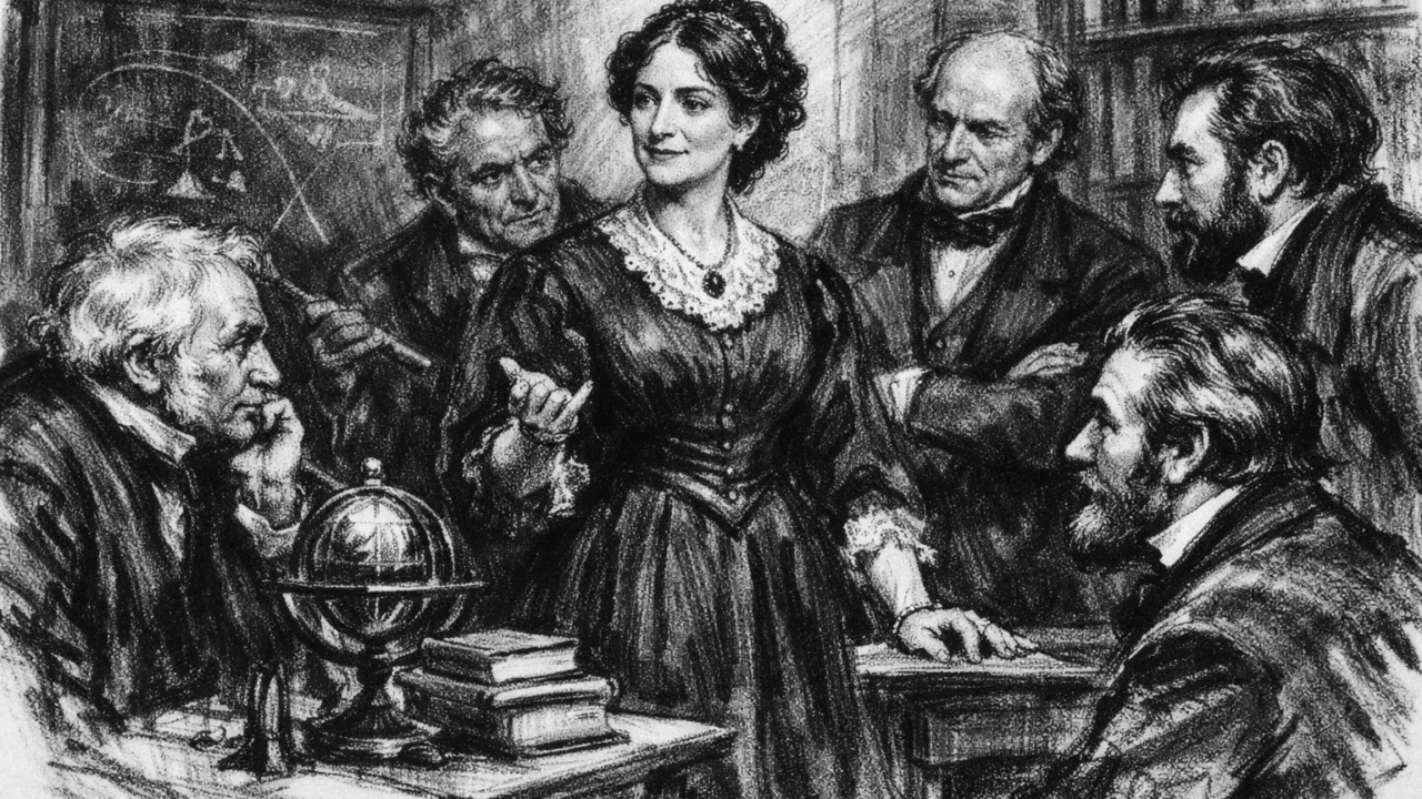 Mary Somerville među znanstvenicima u Edinburghu, prikaz društvenog i znanstvenog priznanja u ugljenom stilu, ugalj stil