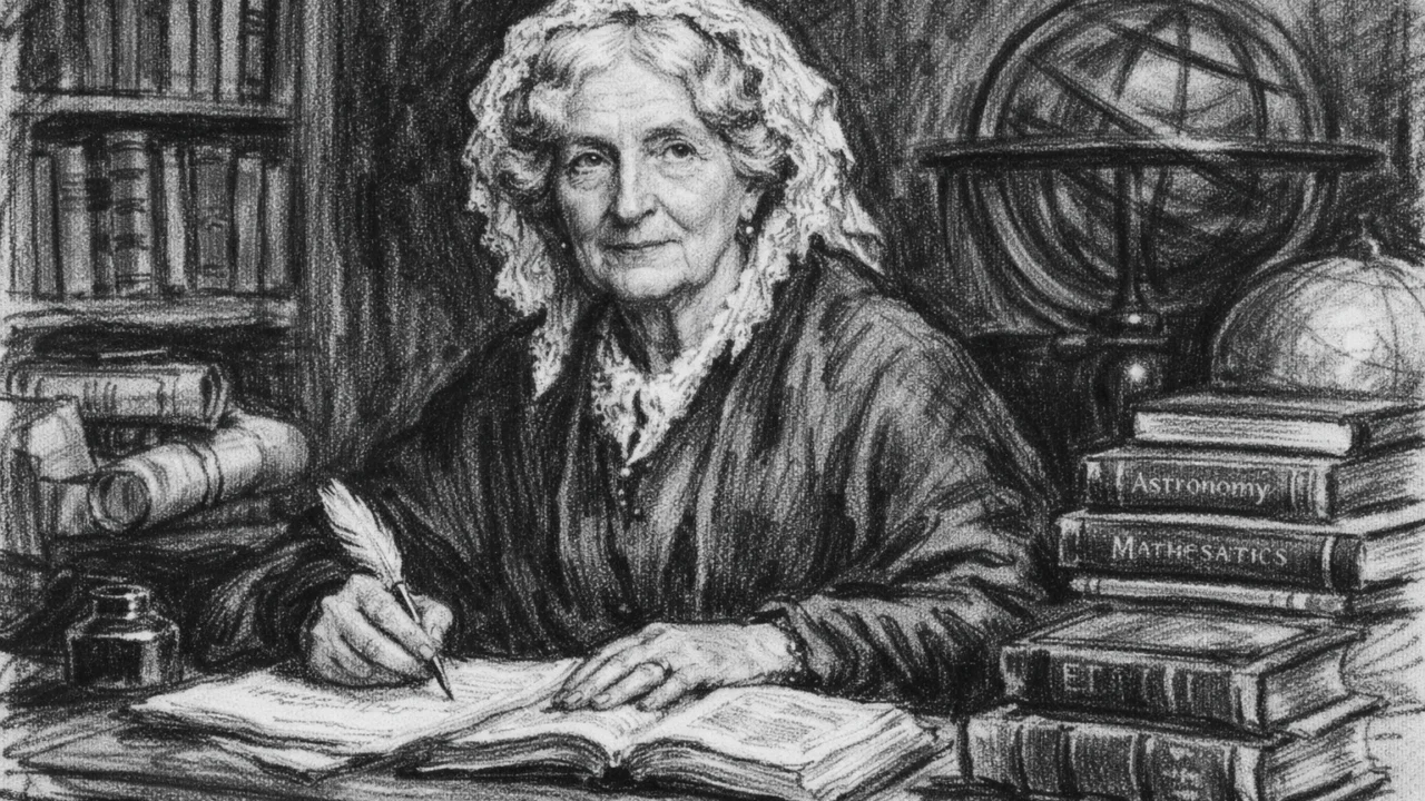 Starija Mary Somerville tijekom pisanja znanstvenih djela, mirna i mudra scena u ugljenom stilu, ugalj stil