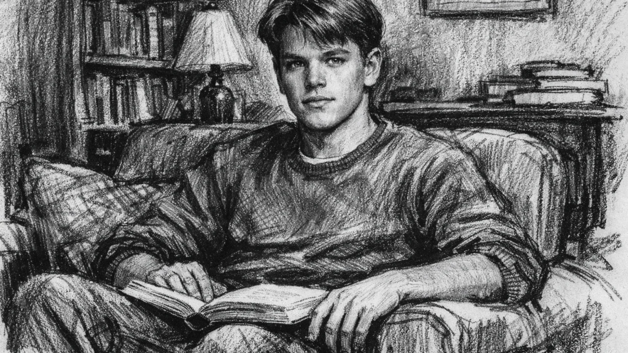 Mladi Matt Damon u obiteljskom okruženju tijekom odrastanja, prikazan u ugalj stilu.