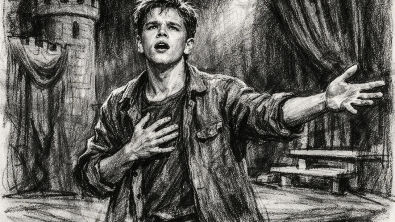 Matt Damon tijekom srednjoškolskih kazališnih nastupa, nacrtan u ugalj stilu.