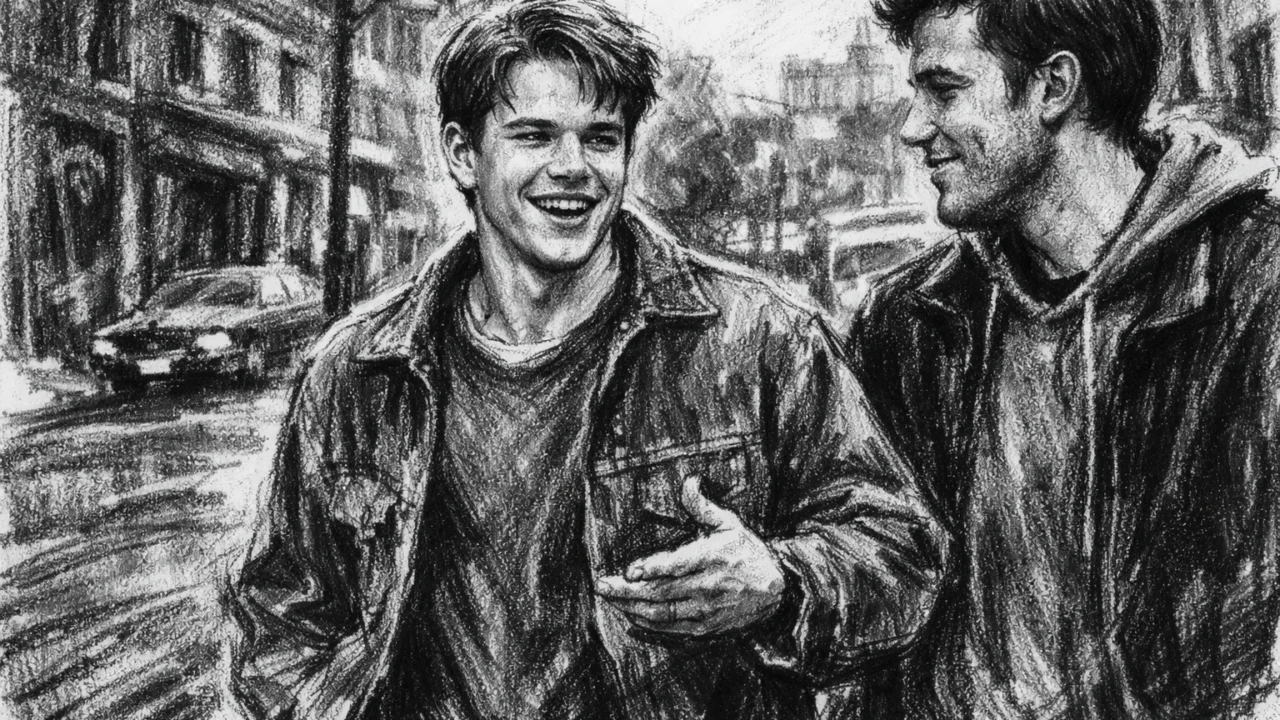 Matt Damon i prijatelj iz mladosti Ben Affleck u susjedstvu, ilustrirano u ugalj stilu.