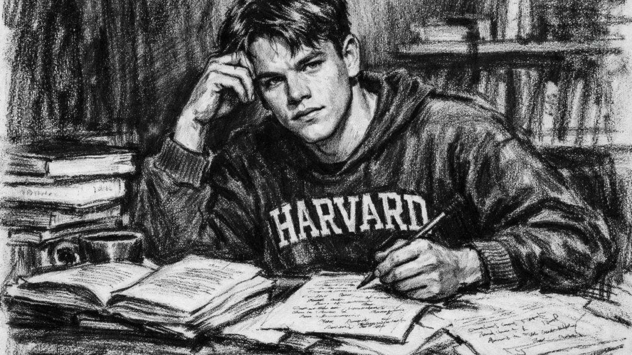Matt Damon tijekom studija na Harvardu, prikazan kako piše uz ugalj stil ilustracije.