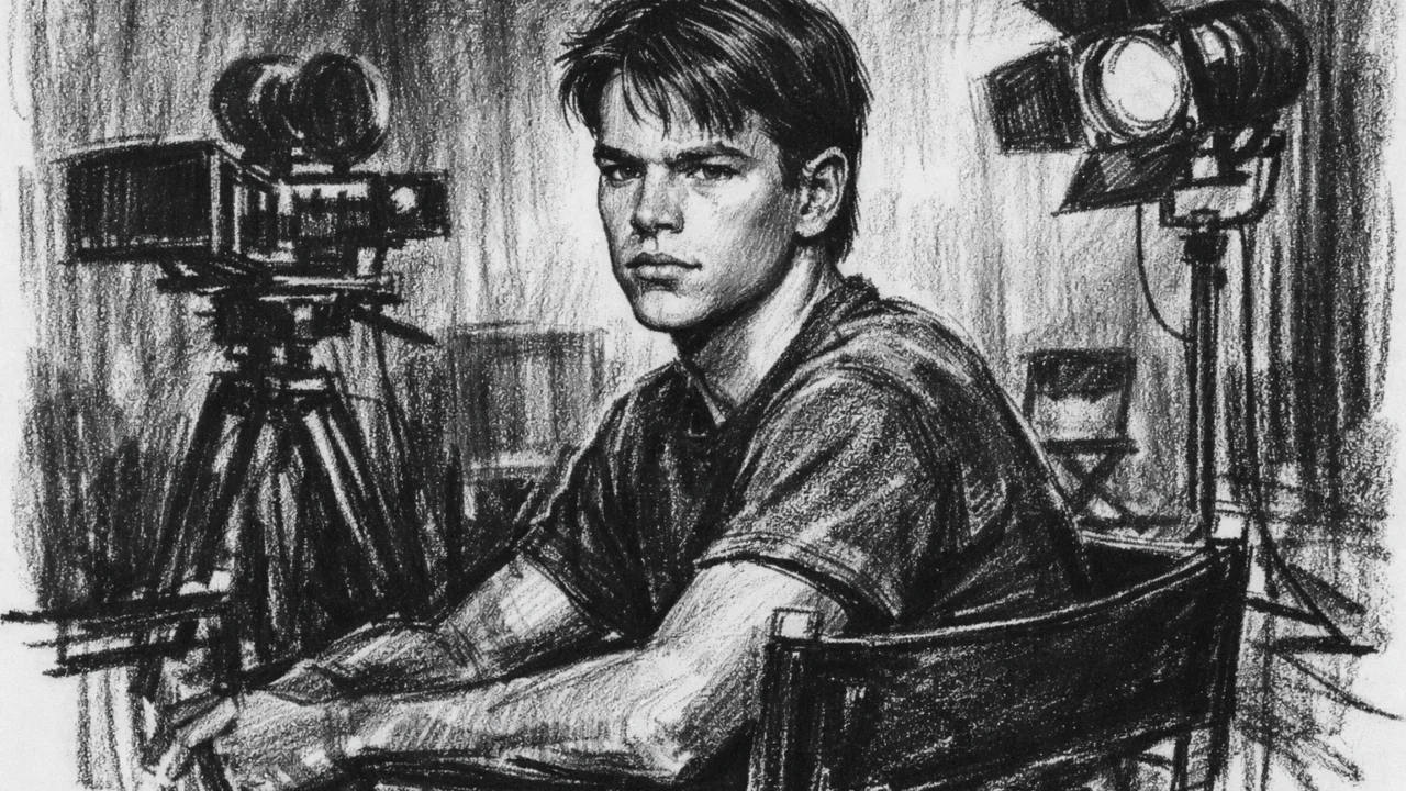 Počeci glumačke karijere Matta Damona na filmskom setu, prikazani u ugalj stilu.