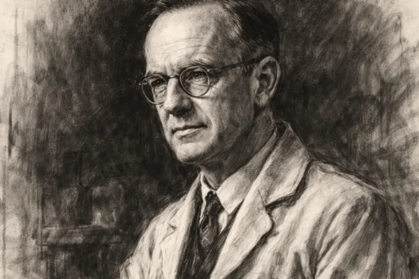 Portret znanstvenika Mauricea Wilkinsa u crno-bijelom ugljenu stilu, izražajne linije i snažan kontrast.