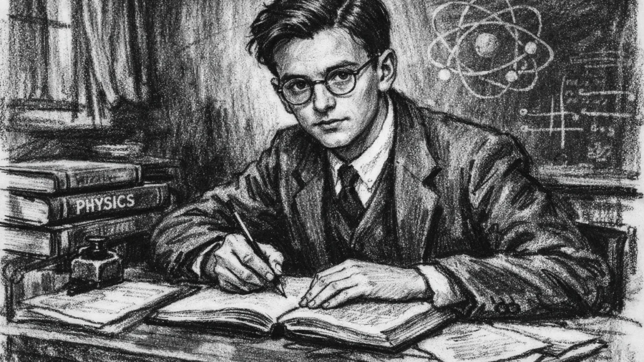 Mladi Maurice Wilkins tijekom studija u Cambridgeu prikazan u ugljen stilu, crno-bijela scena s knjigama.