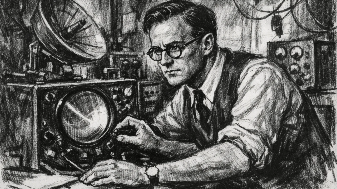 Maurice Wilkins u ratnom laboratoriju tijekom rada na radaru, prikaz u crno-bijelom ugljen stilu.