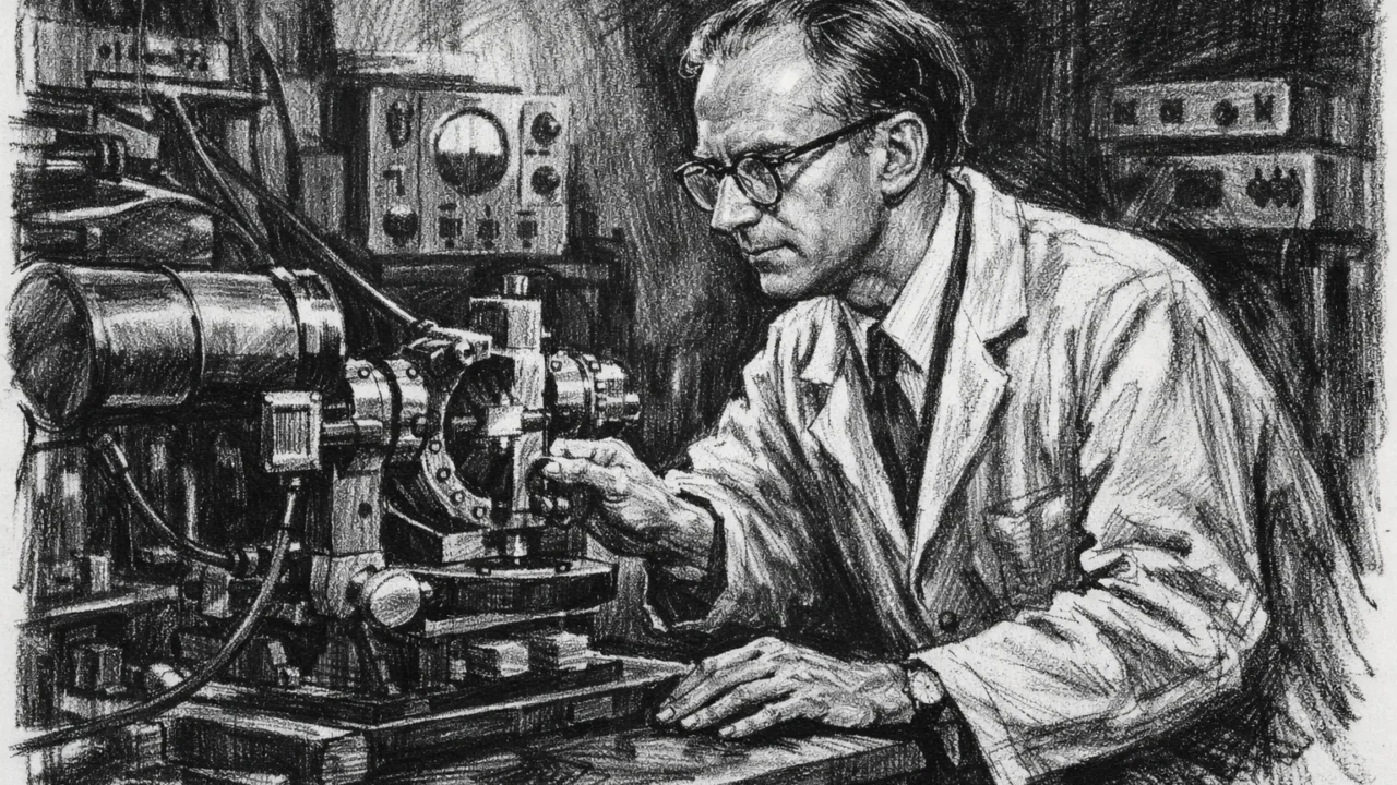 Maurice Wilkins u laboratoriju King's Collegea s rendgenskom opremom, crno-bijeli ugljen stil.