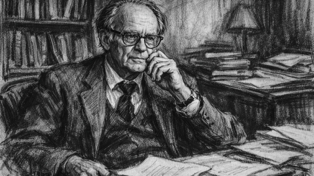 Stariji Maurice Wilkins u zamišljenoj poziciji, portret u elegantnom ugljen stilu.