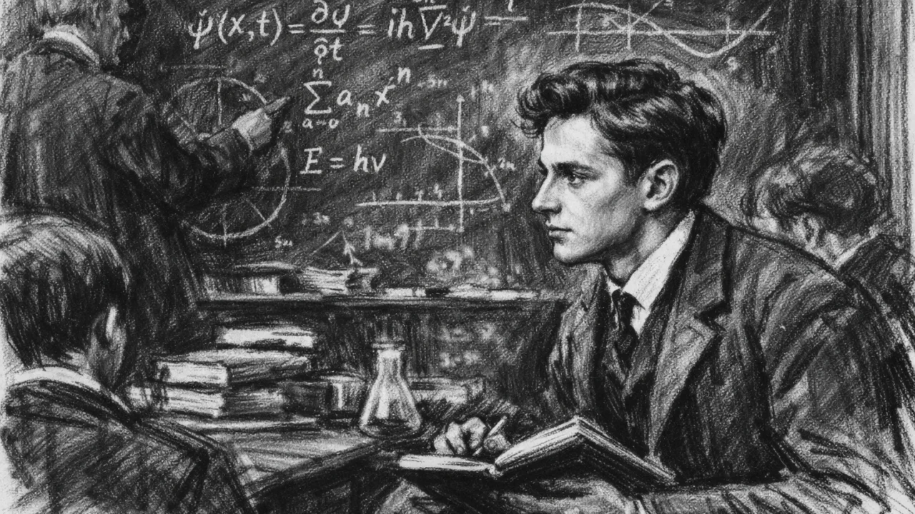 Scena studiranja Maxa Borna u Göttingenu u ugalj stilu s matematičkim formulama