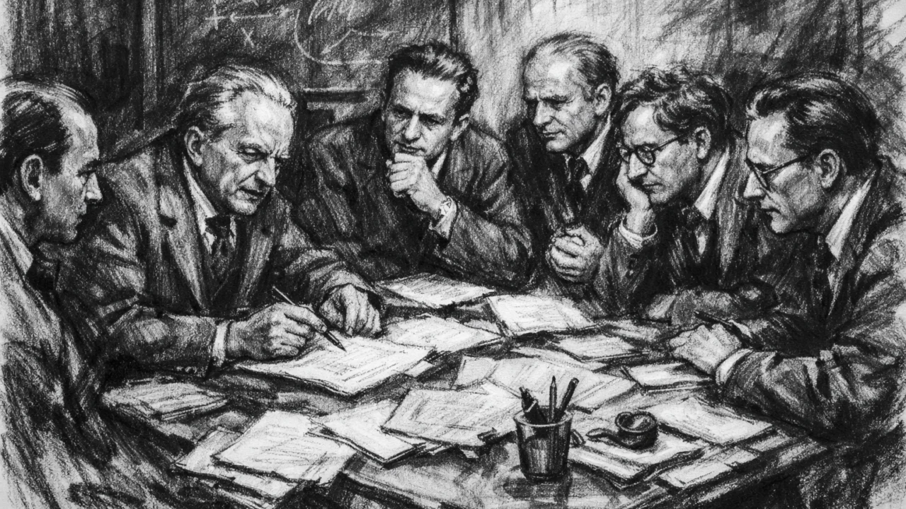 Max Born u znanstvenoj raspravi s kolegama u Göttingenu, ilustrirano u ugalj stilu
