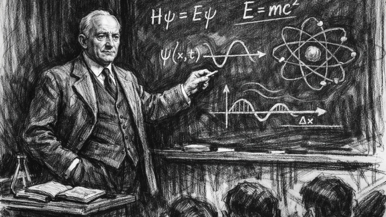 Profesor Max Born tijekom predavanja, prikazan u ugalj stilu s naglašenim kontrastom