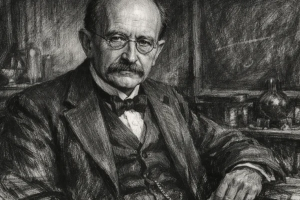 Portret Maxa Plancka u ugAlj stilu, crno-bijeli portret znanstvenika s izražajnim linijama i snažnim kontrastom