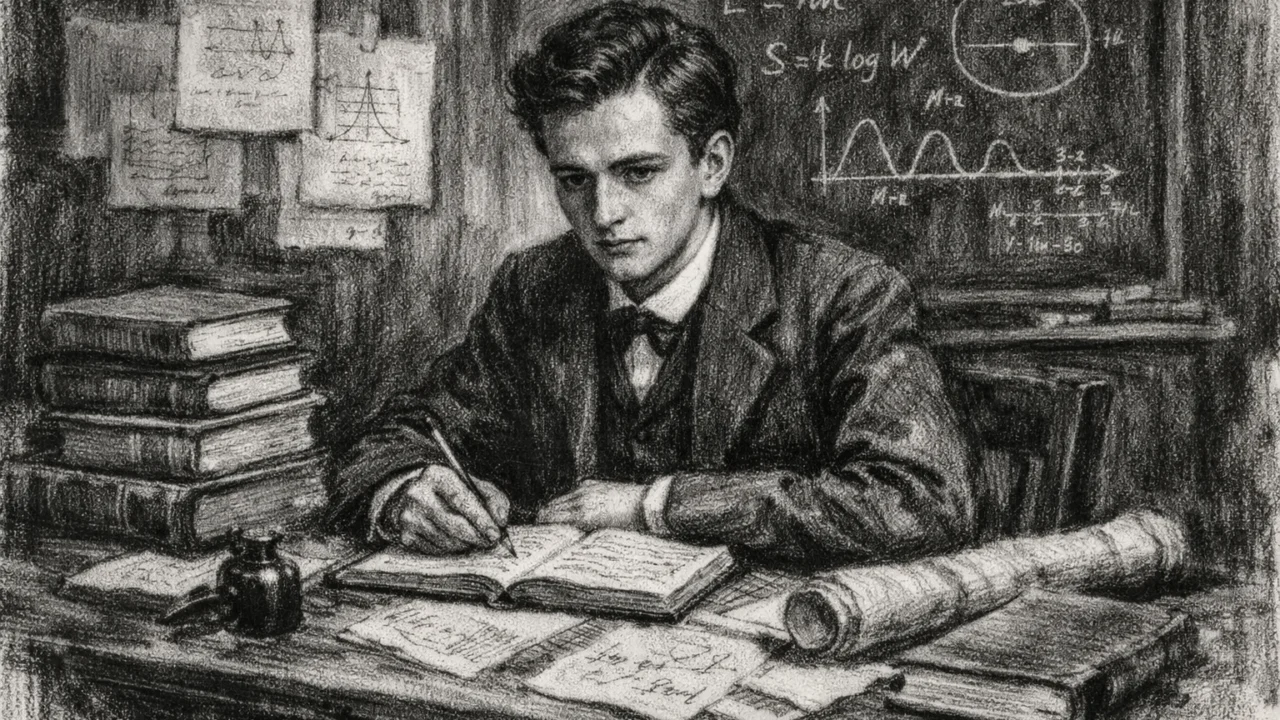 Mladi Max Planck tijekom studija u ugAlj stilu, prikazan u akademskom okruženju s knjigama i bilješkama