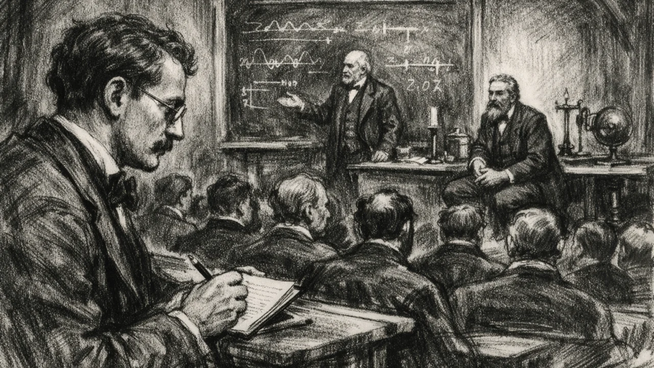 Max Planck na predavanju u Berlinu u ugAlj stilu, povijesna scena s profesorima i studentima