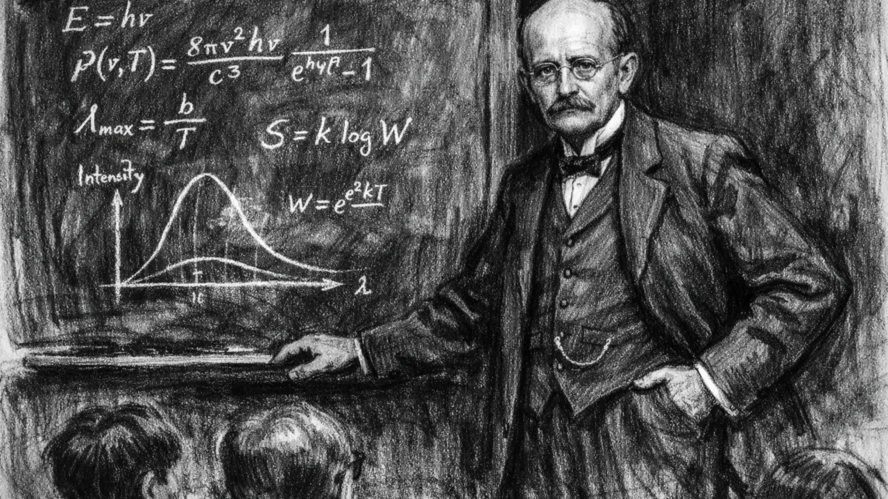 Max Planck kao profesor u ugAlj stilu, predavanje iz teorijske fizike s pločom i formulama