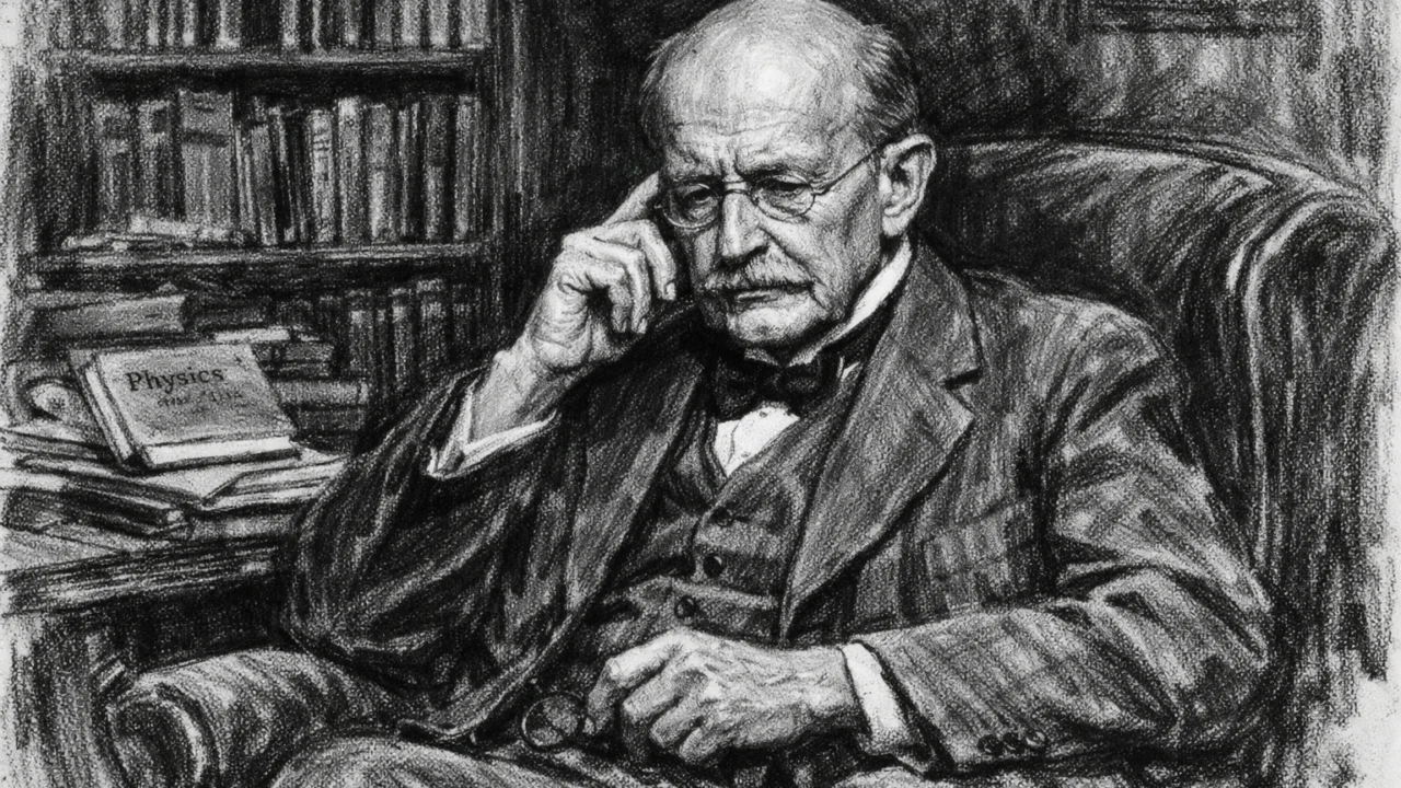 Stariji Max Planck u ugAlj stilu, zamišljen znanstvenik okružen knjigama i znanstvenim radovima