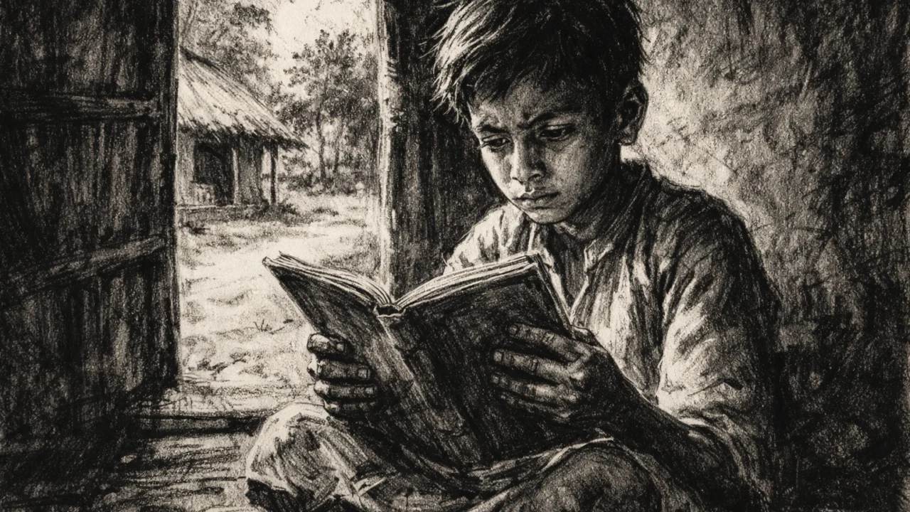 Rani život Meghnada Sahe u selu, dječak koji uči u skromnim uvjetima, ugalj stil.