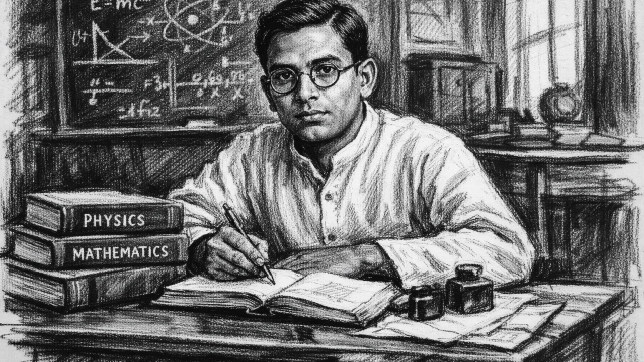 Meghnad Saha kao student na fakultetu u Calcutti, crtež u ugalj stilu.