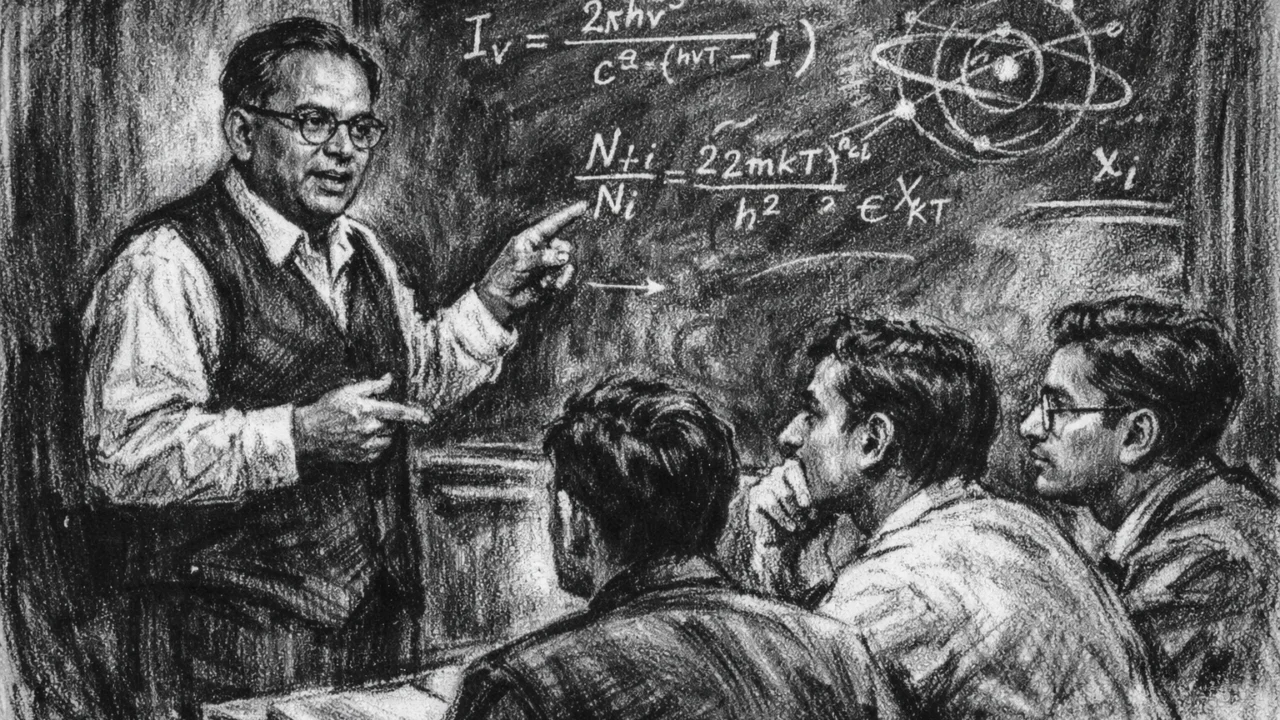 Profesor Meghnad Saha predaje studentima na sveučilištu, prikaz u ugalj stilu.