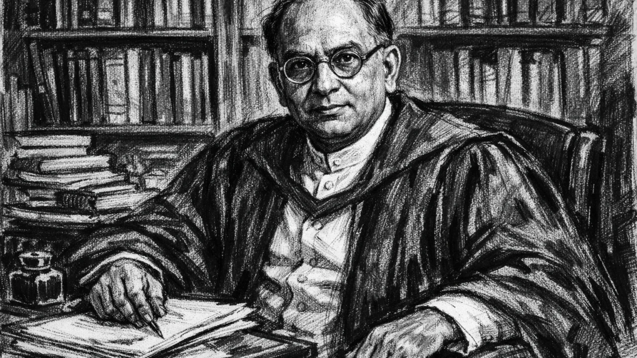 Stariji Meghnad Saha kao profesor i dekan, portret u ugalj stilu.