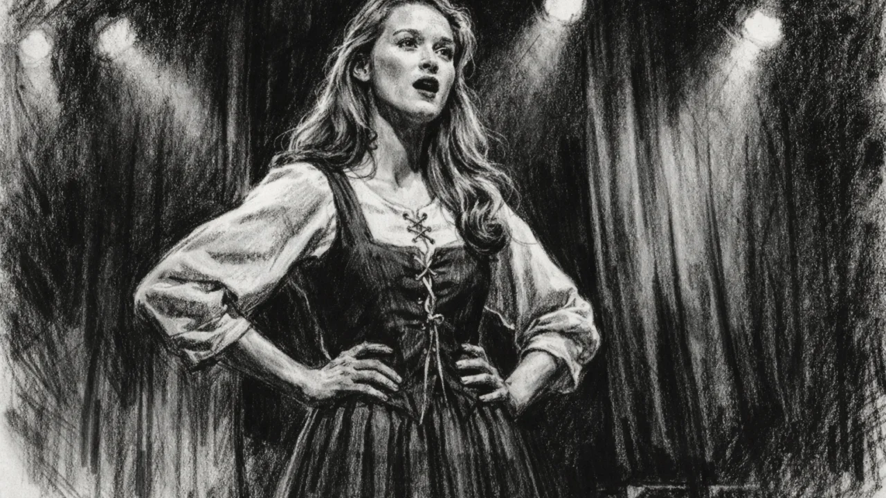 Mlada Meryl Streep na školskoj pozornici u uglj stil crtežu, crno-bijeli i visokog kontrasta