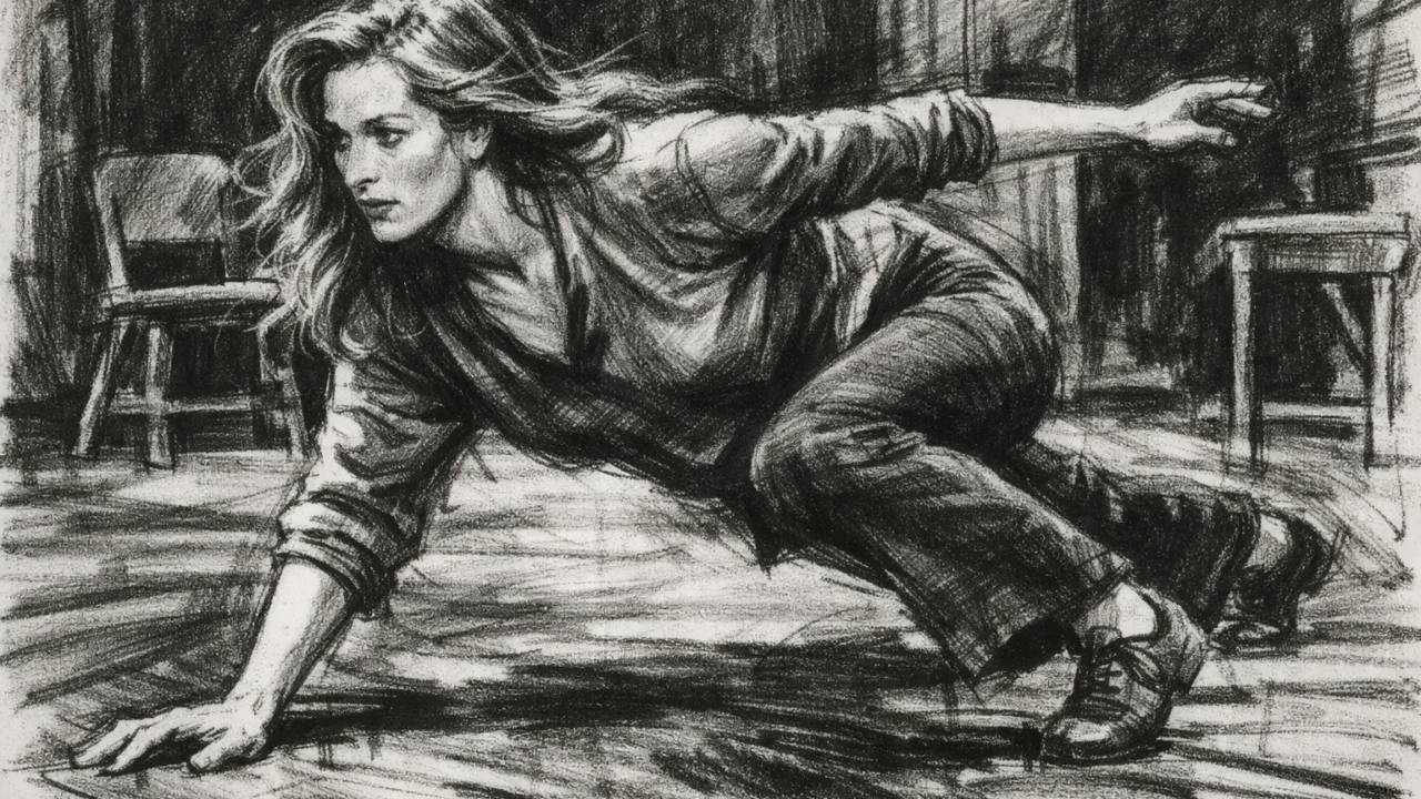 Meryl Streep na Yale School of Drama u uglj stil crtežu s naglašenim kazališnim ugođajem