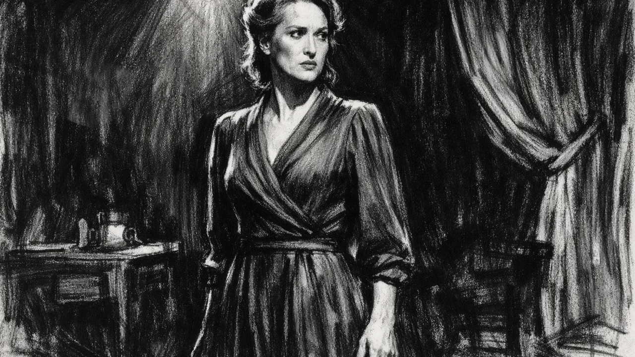 Rana kazališna karijera Meryl Streep na Broadwayu u uglj stil crtežu, crno-bijeli kontrastni prikaz