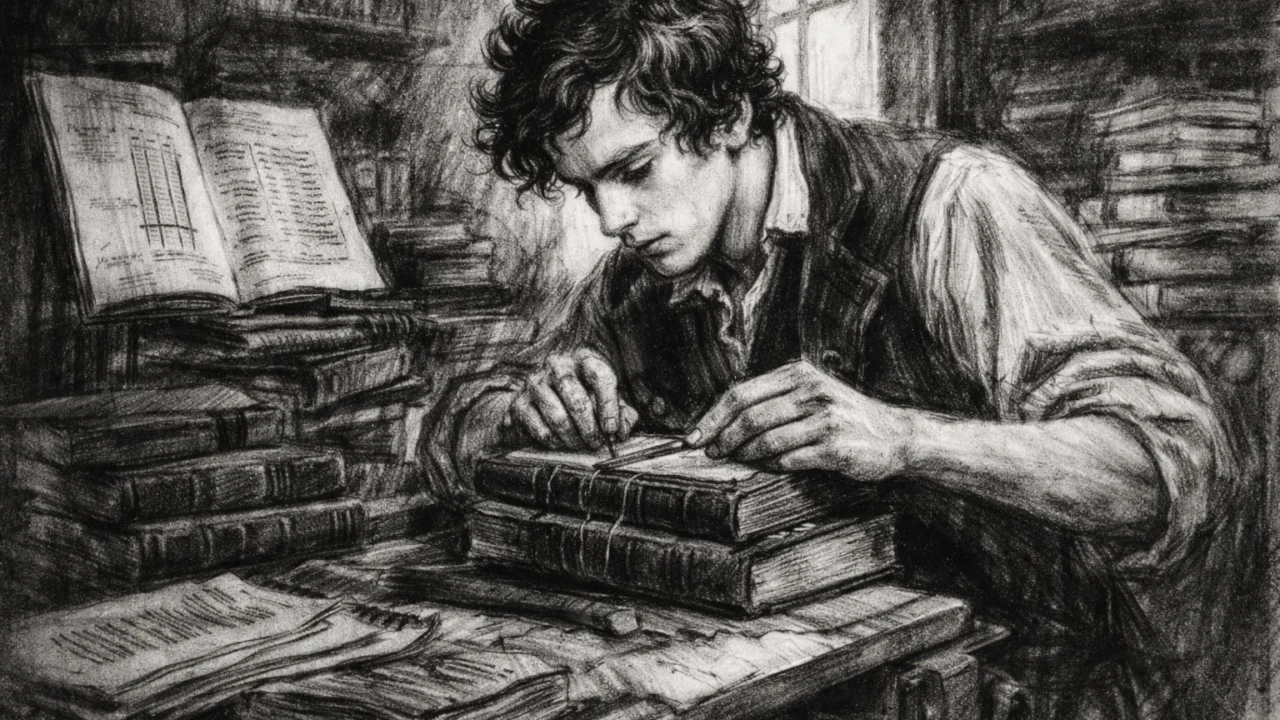 Mladi Michael Faraday kao šegrt u knjigovežnici, prikazan u ugalj stilu s povijesnim detaljima