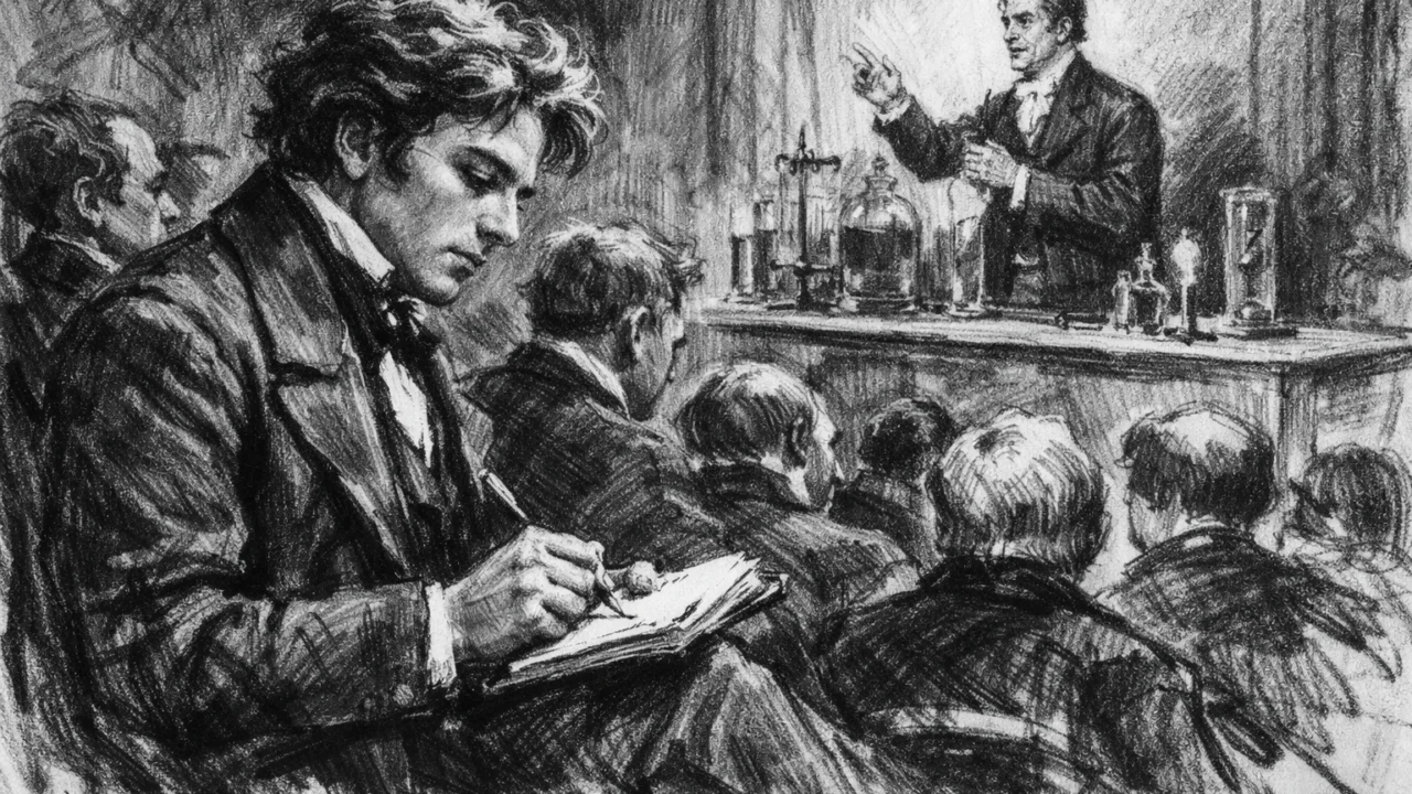 Michael Faraday na predavanju Humphryja Davyja u ugalj stilu, povijesna scena u crno-bijeloj tehnici