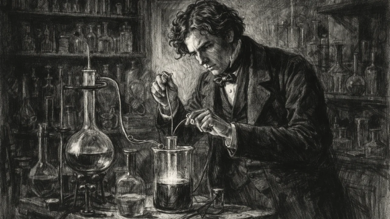 Michael Faraday u laboratoriju Royal Institutiona, znanstveni rad prikazan u ugalj stilu
