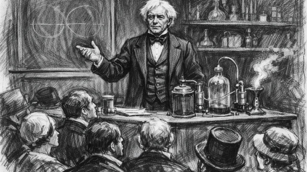 Zreli Michael Faraday tijekom javnog predavanja, povijesna scena u ugalj stilu