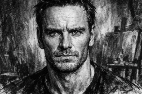 Portret Michaela Fassbendera u ugalj stilu, crno-bijeli prikaz s naglašenim kontrastom i prepoznatljivim crtama lica.