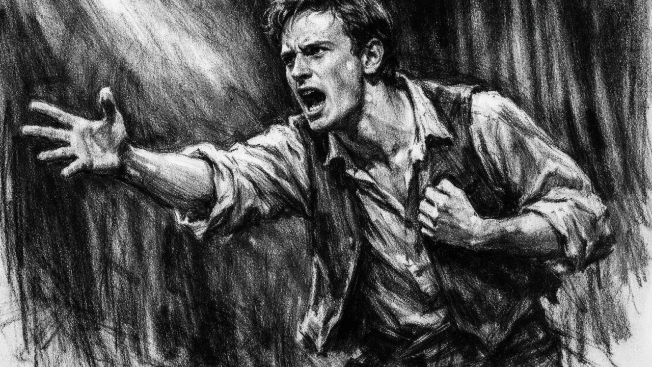 Michael Fassbender na kazališnoj pozornici u ranoj fazi karijere, nacrtan u ugalj stilu s dramatikom.