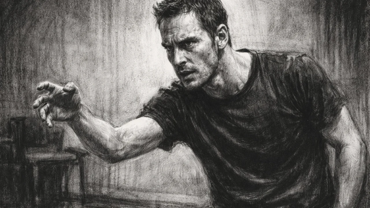 Michael Fassbender tijekom glumačke edukacije u Londonu, prikazan u ugalj stilu s naglaskom na koncentraciju.