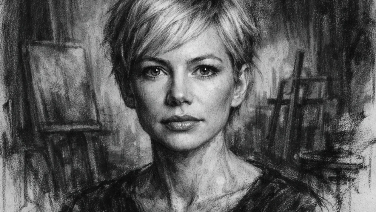 Hero portret Michelle Williams izrađen u ugalj stilu, crno-bijeli portret s izražajnim kontrastom i detaljima lica.