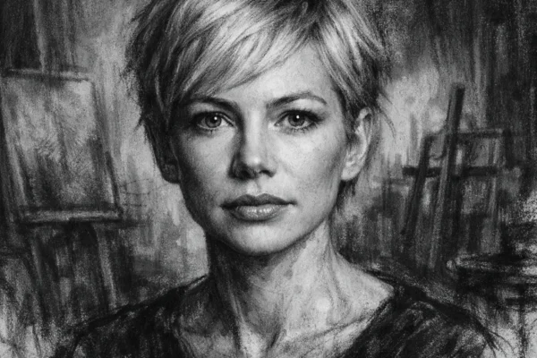 Hero portret Michelle Williams izrađen u ugalj stilu, crno-bijeli portret s izražajnim kontrastom i detaljima lica.