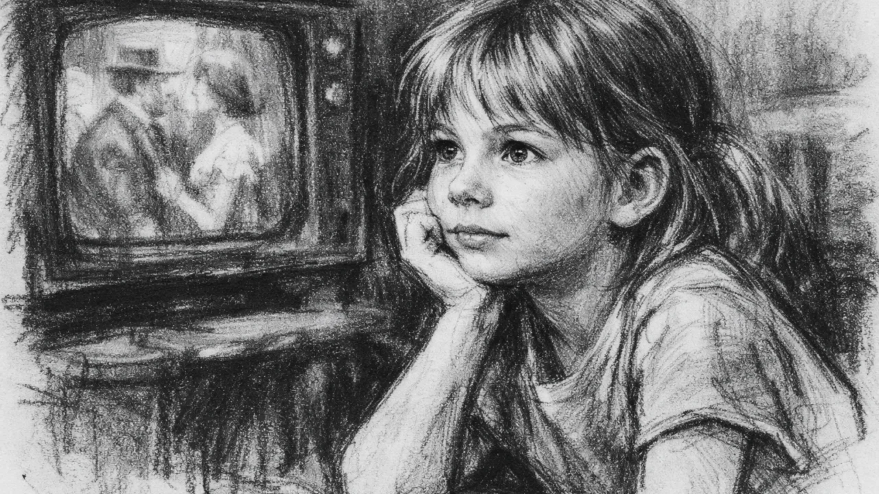 Scene iz djetinjstva Michelle Williams u Montani, prikazane u ugalj stilu s nostalgičnom atmosferom.