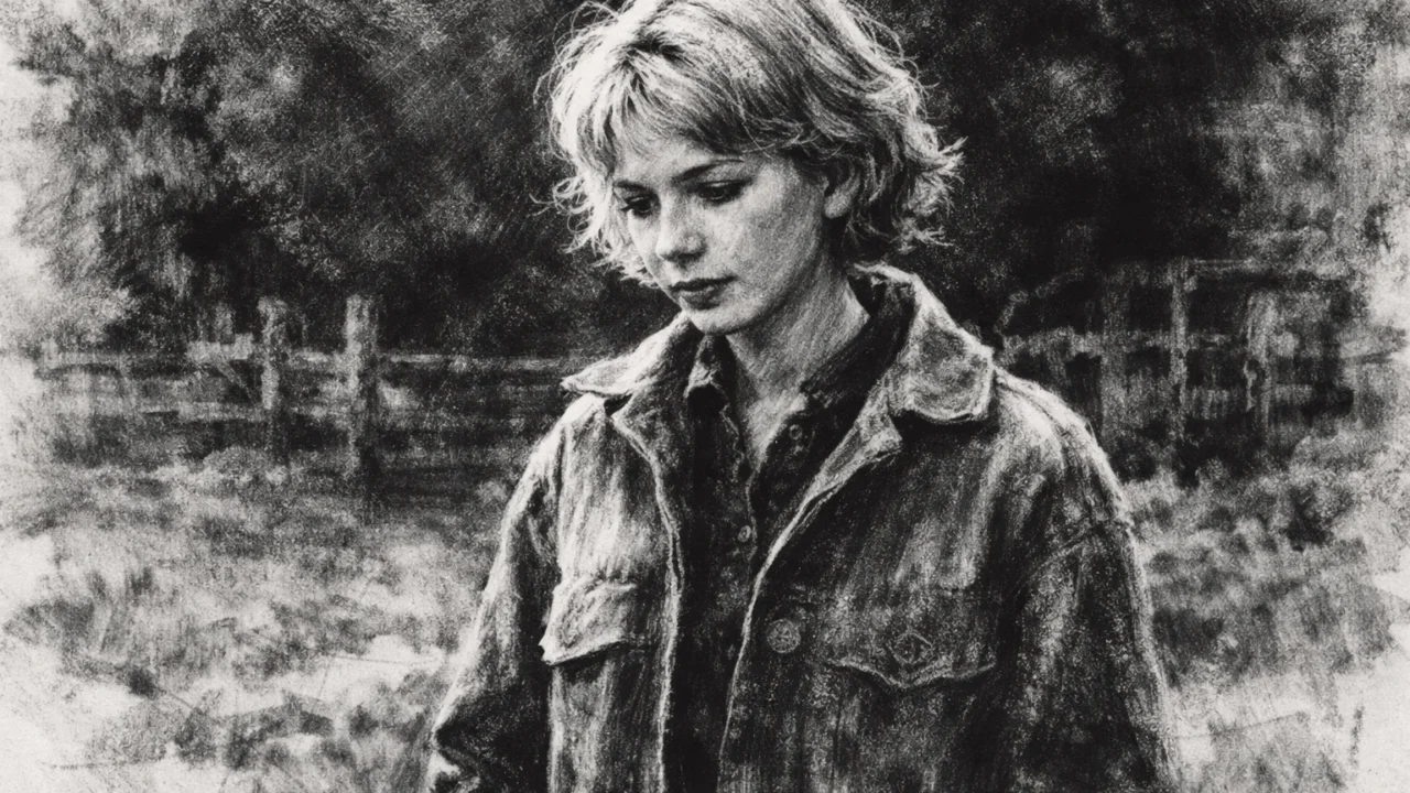 Filmska scena Michelle Williams iz ranih devedesetih, nacrtana u ugalj stilu.